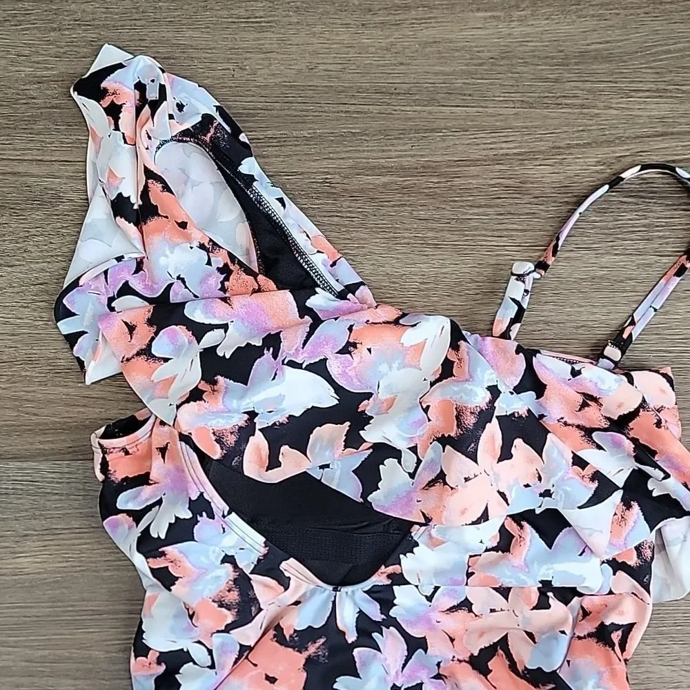 Time and Tru One-Piece Watercolor Splash Floral Swimsuit Womens Size L